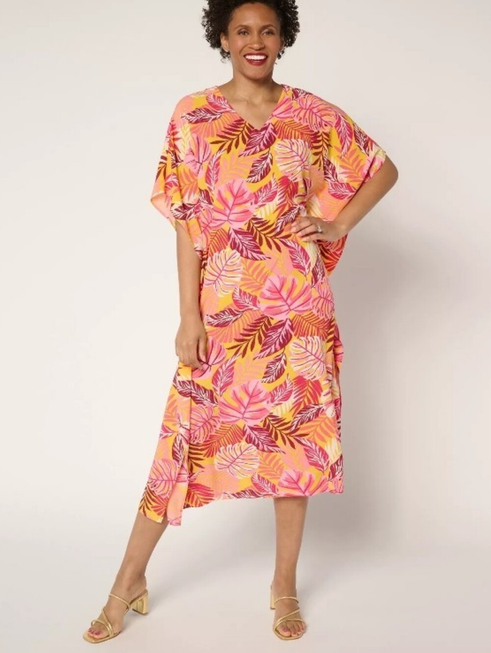 Brandis Tropical Leaf Cover-Up Caftan in Pink and Orange